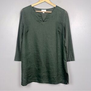 J.Jill Love Linen olive green 100% linen notch neck 3/4 sleeve tunic top, small.
